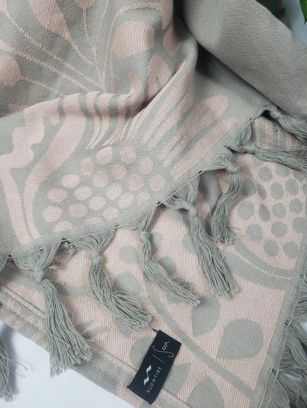 SLOWTIDE Tan & Sage Print w/ Fringe -Table Cloth Yoga Mat Turkish Beach Towel